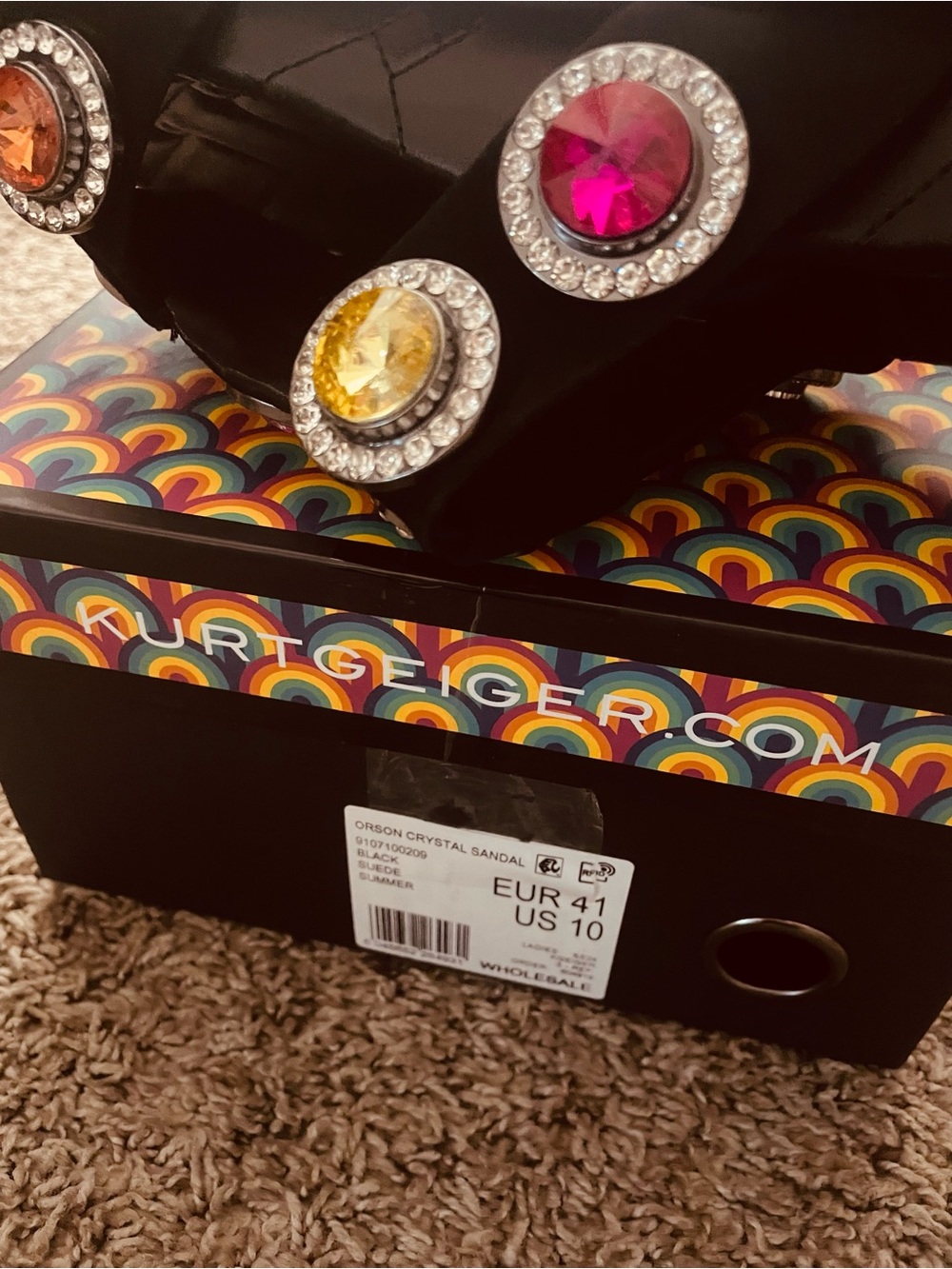 Kurt Geiger Black Quilted Slide Sandals with Multicolor Crystal Medallions - Picture 5 of 5